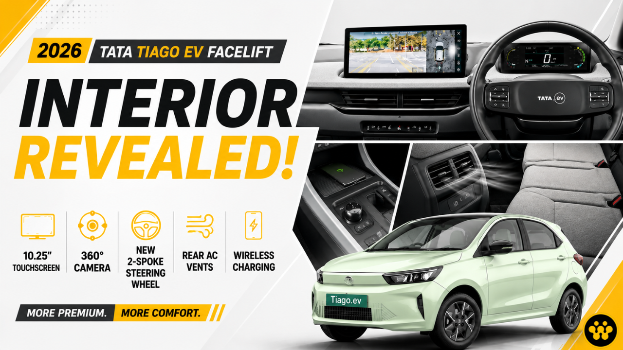 2026 Tata Tiago EV Facelift Interior Revealed: New 10.25-Inch Screen, 360 Camera & Rear AC Vents