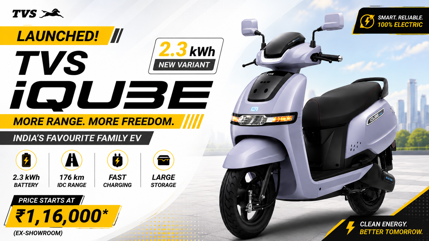 TVS iQube 2.3 kWh Launched in India at ₹1.16 Lakh: Higher Range, Simpler Tech