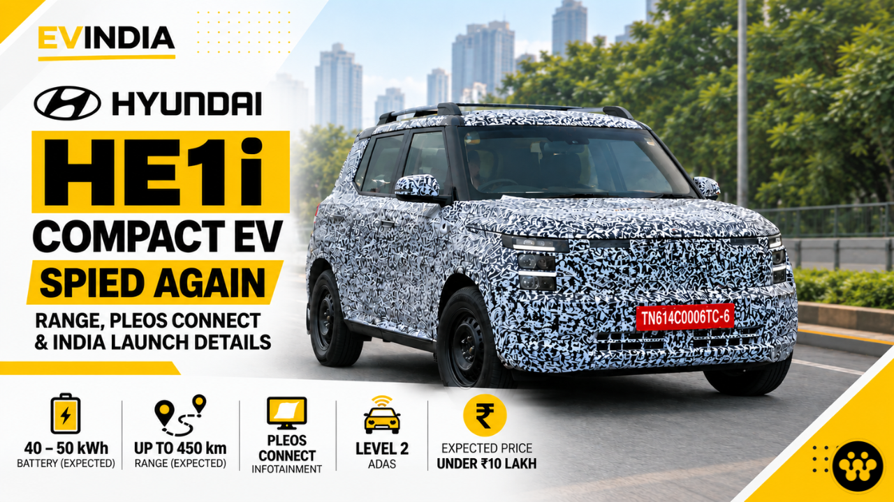 Hyundai HE1i Compact EV Spied Again: Range, Pleos Connect Interiors & India Launch Details